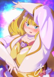 Rule 34 | 1girl, absurdres, akina bbw, arm up, artist name, blonde hair, blue background, blue eyes, blunt bangs, blush, breasts, bridal gauntlets, brooch, cleavage, collarbone, cure finale, delicious party precure, heart, heart brooch, highres, jewelry, large breasts, long hair, looking at viewer, open hands, parted lips, pink background, plump, precure, red lips, solo, thick arms, tsurime, twitter username, upper body