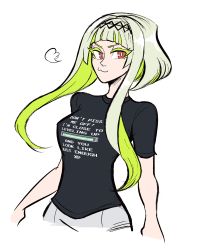 Rule 34 | 1girl, :3, absurdres, black shirt, blunt bangs, colored eyelashes, colored inner hair, green hair, hair ornament, highres, huffing, looking at viewer, meme, meme attire, multicolored hair, puckered lips, red eyes, ringo (soul hackers 2), scruffyturtles, shirt, short hair, short hair with long locks, sidelocks, smile, solo, soul hackers, soul hackers 2, two-tone hair, white background, you look like just enough xp (meme)