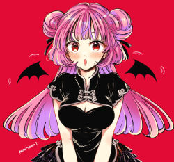 Rule 34 | 1girl, :o, black dress, black ribbon, black wings, blush, breasts, cleavage, cleavage cutout, clothing cutout, commentary request, detached wings, double bun, dress, hair bun, hair ribbon, large breasts, long hair, looking at viewer, motion lines, open mouth, original, pink hair, red background, red eyes, ribbon, short sleeves, signature, simple background, solo, standing, sugano manami, wings
