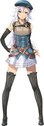 Rule 34 | 1girl, arm warmers, belt, belt pouch, beret, black footwear, blue hat, boots, breasts, brown belt, brown shirt, closed mouth, collared shirt, cross-laced footwear, eiyuu densetsu, enami katsumi, expressionless, falcom, fie claussell, full body, grey eyes, hair between eyes, hand on own hip, hat, highres, kuro no kiseki, lace-up boots, legs apart, long hair, looking at viewer, medium breasts, miniskirt, official art, parted bangs, pleated skirt, pouch, shirt, silver hair, skirt, sleeveless, sleeveless shirt, solo, standing, strap, thigh boots, thighhighs, third-party source, transparent background, underbust, white skirt, zettai ryouiki