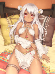 Rule 34 | 1girl, bare shoulders, blush, breasts, cleavage, collarbone, commentary request, cowboy shot, crescent, crescent facial mark, dark-skinned female, dark skin, detached sleeves, double bun, facial mark, flower, hair bun, hair flower, hair ornament, highres, jewelry, loincloth, long hair, looking at viewer, lying, medium breasts, nail polish, necklace, on back, original, red eyes, ring, sasaame, silver hair, sitting, smile, solo, thigh strap