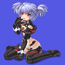 Rule 34 | 10s, 1girl, altines, bad id, bad pixiv id, blue hair, blush, busou shinki, dd (ijigendd), doll joints, elbow gloves, female focus, full body, gloves, hand to own mouth, joints, messy hair, open mouth, red eyes, simple background, sitting, solo, thighhighs, twintails, wariza, yawning
