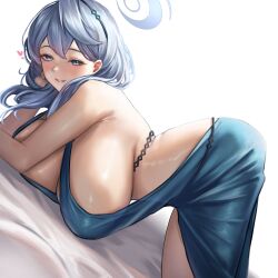 Rule 34 | 1girl, absurdres, ako (blue archive), ako (dress) (blue archive), arm support, backless dress, backless outfit, bare shoulders, blue archive, blue dress, blue eyes, blue hair, blue halo, blush, breast rest, breasts, cleavage, dress, elbow rest, from side, grin, halo, highres, huge breasts, long hair, looking at viewer, official alternate costume, penti, sideboob, sideless dress, smile, solo, top-down bottom-up, unaligned breasts