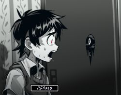 Rule 34 | 1boy, collared shirt, door, from side, greyscale, highres, indoors, monochrome, omori, open mouth, red eyes, remi (mozzaremi), scared, shadow, shirt, short hair, short sleeves, something (omori), spoilers, sunny (omori), sweat
