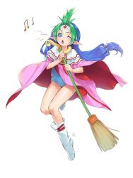 Rule 34 | 1990s (style), 1girl, ;o, ahoge, animal, animal around neck, artist name, beamed quavers, blue eyes, blue hair, boots, broom, capelet, chestnut mouth, diamond (shape), elma hoyly, fishkitty, full body, gem, green hair, headband, highres, holding, holding broom, leotard, long hair, looking at viewer, low-tied long hair, macross, macross 7, matching hair/eyes, multicolored hair, music, musical note, one eye closed, pointy ears, quaver, retro artstyle, singing, solo, standing, standing on one leg, tiptoes, transparent background, two-tone hair, white background, white footwear