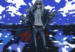 Rule 34 | 1boy, black jacket, black pants, blonde hair, fate/grand order, fate (series), flapper shirt, jacket, jewelry, long hair, looking at viewer, male focus, medallion, midriff, midriff peek, navel, necklace, open clothes, open jacket, orange-tinted eyewear, outdoors, pants, sei 8220, shirt, smile, solo, sunglasses, tezcatlipoca (fate), tinted eyewear, white shirt