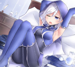 Rule 34 | 1girl, armpits, arms up, bed, blue eyes, blue footwear, blue thighhighs, bodysuit, book, book stack, boots, bottle, breasts, chest of drawers, commentary request, elbow gloves, eyebrows, gloves, highres, hood, hood up, inkwell, knees up, medium breasts, neit ni sei, on bed, one eye closed, open mouth, original, pillow, quill, rock, short hair, sidelocks, silver hair, sleeveless, sleeveless bodysuit, solo, stretching, thigh boots, thighhighs, vial, wall, wallpaper, witch