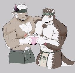 Rule 34 | 2boys, animal ears, bara, body hair, bulge, chest hair, couple, cow boy, cow ears, cow horns, facial hair, furry, furry male, furry with furry, goatee, grey fur, grey hair, headband, heart, heart hands, highres, horkeu kamui, horns, large pectorals, male focus, manly, multicolored hair, multiple boys, muscular, pectoral docking, pectoral press, pectorals, pinkblood, purple horns, revealing clothes, shennong (housamo), short hair, sideburns, tail, thighs, tokyo houkago summoners, topless male, two-tone fur, upper body, white fur, wolf boy, wolf ears, wolf tail, yellow eyes