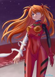 Rule 34 | 1girl, bacillus, bandaged arm, bandages, bandaid, bandaid on face, blue eyes, bodysuit, breasts, brown hair, the end of evangelion, expressionless, eyepatch, floating hair, interface headset, long hair, looking at viewer, medium breasts, neon genesis evangelion, pilot suit, plugsuit, red bodysuit, shiny clothes, skin tight, sky, solo, souryuu asuka langley, twintails, two side up, very long hair