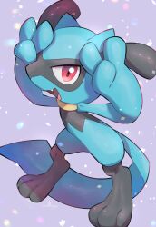 Rule 34 | black fur, blue fur, blue tail, creatures (company), fang, game freak, gen 4 pokemon, grey background, highres, looking at viewer, nintendo, no humans, nullma, open mouth, pokemon, pokemon (creature), red eyes, riolu, solo, two-tone fur