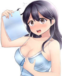 Rule 34 | ^^^, 10s, 1girl, alternate costume, bare shoulders, black hair, blush, breasts, brown eyes, cleavage, collarbone, covered erect nipples, hair between eyes, highres, kantai collection, long hair, medium breasts, neit ni sei, open mouth, simple background, solo, sweat, teeth, upper body, ushio (kancolle), white background