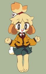 Rule 34 | 1girl, animal crossing, animal ears, animal hands, bad id, bad pixiv id, bell, blonde hair, blush, blush stickers, bound, cloudyshin, dog ears, dog girl, dog tail, female focus, full body, furry, furry female, green background, green skirt, grey eyes, hair bell, hair ornament, hands up, happy, isabelle (animal crossing), jacket, jingle bell, long sleeves, nintendo, open mouth, red ribbon, ribbon, shirt, short hair, simple background, skirt, smile, solo, standing, tail, tied up, white shirt, yellow jacket