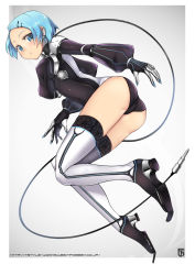 Rule 34 | 1girl, aqua hair, ass, blue eyes, bodysuit, boots, breasts, cable, female focus, full body, gloves, gradient background, hair ornament, hairclip, medium breasts, original, short hair, simple background, solo, t-track, t-track (artist), thigh boots, thighhighs