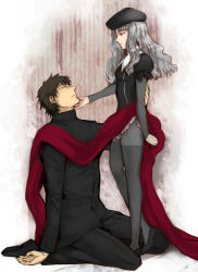Rule 34 | 1boy, 1girl, age difference, brown eyes, brown hair, caren hortensia, fate/hollow ataraxia, fate/stay night, fate/zero, fate (series), father and daughter, femdom, hand on another&#039;s face, hat, kneeling, kotomine kirei, layered sleeves, long hair, pantyhose, sabata yuki, thighband pantyhose, time paradox, tori (driftwood), white hair, yellow eyes
