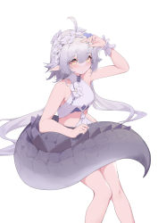 Rule 34 | 1girl, absurdres, ahoge, arknights, arm up, bare arms, bare legs, bare shoulders, blue flower, blush, casual one-piece swimsuit, closed mouth, crocodilian tail, feet out of frame, flower, hair flower, hair ornament, highres, impossible clothes, invisible chair, large tail, looking at viewer, official alternate costume, one-piece swimsuit, pointy ears, shui buzhao de chong, sitting, smile, solo, swimsuit, tail, tomimi (arknights), tomimi (silent night) (arknights), white background, white flower, white one-piece swimsuit, wrist cuffs, yellow eyes