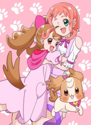 Rule 34 | 3girls, absurdres, bow, brown eyes, brown fur, clothing cutout, dog, dog tail, dot nose, dress, dress bow, dual persona, female focus, green eyes, hair ornament, hairclip, highres, hooded dress, inukai iroha, inukai komugi, inukai komugi (dog), multiple girls, one eye closed, overall shorts, overalls, papillon (dog), pawpads, precure, purple bow, shaznamul, shoulder cutout, tail, wonderful pact, wonderful precure!