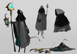 Rule 34 | 1other, bag, black bag, black cloak, cain (gunnermul), chain, cloak, death, fire, gradient background, green fire, grey background, highres, holding, holding staff, hood, hood up, lantern, long sleeves, original, shaded face, smoke, staff, standing, torn, torn clothes, wide sleeves