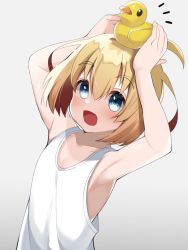 Rule 34 | 1boy, :d, ahoge, armpits, arms up, blonde hair, blue eyes, blush, bob cut, fuwaja iru, gradient background, highres, male focus, object on head, open mouth, original, rubber duck, sleeveless, smile, solo, tank top, trap, white tank top