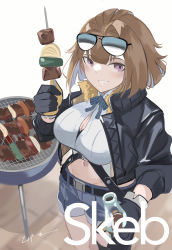 Rule 34 | 1girl, absurdres, belt, black belt, black jacket, blue shorts, blush, bottle, breasts, brown hair, commentary request, cowboy shot, eyewear on head, food, fur trim, girls&#039; frontline, gloves, grizzly mkv (girls&#039; frontline), highres, holding, holding bottle, holding food, jacket, large breasts, looking at viewer, navel, open clothes, open jacket, open mouth, purple eyes, shirt, short hair, shorts, signature, smile, solo, standing, sunglasses, teeth, ubah, white shirt