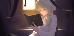 Rule 34 | 10s, 1girl, backlighting, blonde hair, blue eyes, blurry, blurry background, book, chair, depth of field, diana cavendish, highres, indoors, light, light particles, lipgloss, lips, little witch academia, maredoro, multicolored hair, open book, open collar, reading, shirt, sitting, smile, solo, two-tone hair, white shirt, window