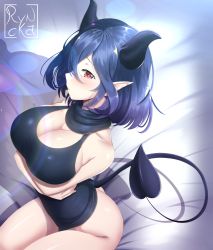 Rule 34 | 1girl, absurdres, ass, bare shoulders, blush, bottomless, breast hold, breasts, butt crack, cleavage, demon girl, demon tail, highres, horns, kinsou no vermeil, large breasts, looking at viewer, meme attire, pointy ears, purple hair, ryncka, short hair, tail, thighs, vermeil (kinsou no vermeil)