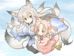 Rule 34 | 2girls, age difference, ahoge, animal ears, blush stickers, breasts, fox ears, fox shadow puppet, fox tail, geta, highres, japanese clothes, kimono, large breasts, long hair, multiple girls, multiple tails, open mouth, original, pink eyes, pink hair, purple eyes, senhappyaku, silver hair, sky, smile, tail