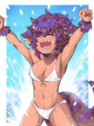 Rule 34 | 1girl, animal ear fluff, animal ears, arms up, bikini, blue sky, border, breasts, brown hair, cleavage, closed eyes, dark-skinned female, dark skin, day, medium breasts, messy hair, navel, open mouth, outside border, sky, solo, swimsuit, tail, toned, toned female, vu (oyavun), water, wet, white bikini, white border