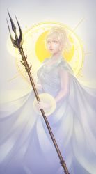 Rule 34 | 10s, 1girl, blonde hair, dress, final fantasy, final fantasy xv, highres, looking to the side, lunafreya nox fleuret, polearm, robas arel, solo, sun, trident, weapon, white dress
