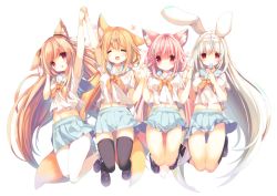 Rule 34 | 4girls, :3, :d, ^ ^, ahoge, amamiya aki, animal ear fluff, animal ears, arm up, black legwear, blue skirt, breasts, brown footwear, brown hair, closed eyes, cynthia riddle, eating, food, fox ears, fox tail, hair ornament, hairband, head tilt, holding, holding food, holding hands, legs up, loafers, long hair, looking at viewer, low twintails, medium breasts, mei amamiya, midriff, milia leclerc, multiple girls, navel, neckerchief, open mouth, original, p19, pink hair, pleated skirt, popsicle, rabbit ears, red eyes, school uniform, serafuku, shoes, short sleeves, simple background, skirt, small breasts, smile, tail, thighhighs, twintails, very long hair, virtual youtuber, white background, white hair, x hair ornament