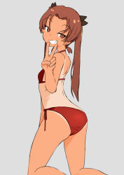Rule 34 | 1girl, ass, back, bikini, black bow, bow, brown eyes, brown hair, commentary, female focus, from behind, girls und panzer, grey background, grin, hair bow, half-closed eyes, halterneck, kadotani anzu, kneeling, long hair, looking at viewer, looking back, ngc20701, parted bangs, red bikini, side-tie bikini bottom, simple background, smile, smirk, solo, swimsuit, tan, tanline, twintails, v