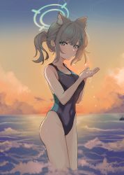 Rule 34 | 1girl, absurdres, animal ear fluff, animal ears, black one-piece swimsuit, blue archive, blue eyes, breasts, commentary request, competition swimsuit, covered navel, cowboy shot, cross hair ornament, cupping hands, extra ears, gradient sky, grey hair, hair ornament, halo, highres, holding water, inapple, looking at viewer, low ponytail, medium breasts, medium hair, mismatched pupils, multicolored clothes, multicolored swimsuit, one-piece swimsuit, orange sky, own hands together, shiroko (blue archive), shiroko (swimsuit) (blue archive), sky, soaking feet, solo, standing, sunset, swimsuit, water, holding water