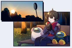 Rule 34 | 1other, :o, ahoge, ambiguous gender, among us, blue jacket, blue pants, blue sky, brown hair, clock, crewmate (among us), earmuffs, fur-trimmed jacket, fur trim, grass, highres, holding, jacket, kiman, long sleeves, orange sky, original, outdoors, outside border, pants, red scarf, scarf, short hair, simple background, sitting, sky, steam, sun, sunset, they (kiman), tree, twitter username, watermark, white (among us), white background, yellow (among us)