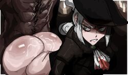 1boy 1girl ass bloodborne bottomless clenched_teeth dark-skinned_male dark_skin doggystyle dolekat green_eyes hat huge_ass lady_maria_of_the_astral_clocktower looking_at_another looking_back sex sex_from_behind teeth white_hair