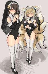 Rule 34 | 2girls, absurdres, alternate costume, animal ears, arknights, bare shoulders, black footwear, black leotard, blue hairband, blush, braid, breasts, brown hair, cleavage, closed mouth, covered navel, detached sleeves, fox ears, fox girl, fox tail, full body, green eyes, habit, hairband, highres, interlocked fingers, leotard, light brown hair, long sleeves, looking at viewer, magallan (arknights), material growth, multiple girls, multiple tails, nun, oripathy lesion (arknights), own hands clasped, own hands together, parted lips, shoes, sigm@, simple background, small breasts, standing, suzuran (arknights), tail, thighhighs, white legwear, yellow eyes