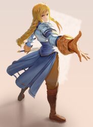 &gt;:) 1girl absurdres agrias_oaks armor blonde_hair blue_dress braid brown_footwear brown_gloves brown_pants closed_mouth dress elbow_pads final_fantasy final_fantasy_tactics full_body gloves glowing glowing_weapon highres holding holding_sword holding_weapon josh_corpuz long_hair long_sleeves looking_at_viewer lying on_back pants pauldrons reaching reaching_towards_viewer shadow shoulder_armor shoulder_pads simple_background single_braid smile solo sword v-shaped_eyebrows weapon yellow_eyes