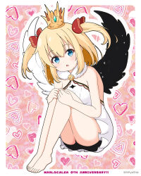 Rule 34 | 1girl, :o, anniversary, asymmetrical wings, bare legs, bare shoulders, barefoot, bike shorts, black shorts, black wings, blonde hair, blue eyes, bow, breasts, commentary request, crown, dress, feathered wings, hair between eyes, hair bow, highres, hugging own legs, knees up, looking at viewer, marl (shironeko project), mini crown, mismatched wings, mitya, parted lips, red bow, shironeko project, short shorts, shorts, shorts under dress, sitting, small breasts, solo, two side up, white dress, white wings, wings