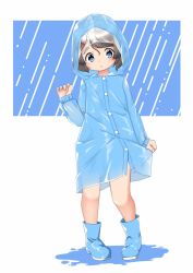 Rule 34 | 1girl, alternate costume, blue eyes, blue footwear, blue raincoat, boots, full body, grey hair, kaiboukan no. 30 (kancolle), kantai collection, looking at viewer, nassukun, rain, rubber boots, short hair, solo, standing