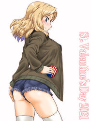 Rule 34 | 1girl, 2021, ass, blonde hair, blue eyes, blue shorts, blush, brown jacket, closed mouth, commentary, cutoffs, denim, denim shorts, english text, flag print, from behind, gift, girls und panzer, happy valentine, holding, holding gift, jacket, kay (girls und panzer), long hair, long sleeves, looking at viewer, looking back, military, military uniform, oosaka kanagawa, open clothes, open jacket, saunders military uniform, short shorts, shorts, simple background, skindentation, smile, solo, standing, thighhighs, uniform, valentine, white background, white thighhighs