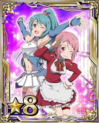 Rule 34 | 10s, 2girls, apron, armor, arms up, belt, blue gloves, blue hair, bracelet, breastplate, bridal gauntlets, card (medium), character request, gloves, grin, hair ornament, hairclip, hand on own hip, high ponytail, jewelry, lisbeth (sao), long hair, looking at viewer, midriff, multiple girls, navel, open mouth, pink eyes, pleated skirt, red skirt, ring, skirt, smile, star (symbol), sword art online, thigh strap, thighhighs, white apron, white legwear, white skirt, zettai ryouiki