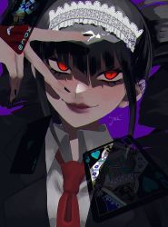 Rule 34 | 1girl, black hair, black nails, blouse, card, celestia ludenberg, collared shirt, danganronpa: trigger happy havoc, danganronpa (series), drill hair, grey shirt, hand up, highres, joh pierrot, joker (playing card), long hair, looking at viewer, nail polish, necktie, open mouth, playing card, purple background, red eyes, red necktie, shirt, solo, twin drills, twintails, upper body, v over eye