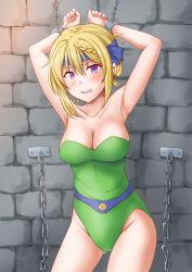 Rule 34 | 1girl, anti (untea9), blonde hair, bound, bound arms, bound wrists, braid, braided bangs, braided bun, breasts, celes chere, chain, chain leash, commission, cowboy shot, dungeon, female focus, final fantasy, final fantasy vi, green leotard, hair bun, highres, kantai collection, leash, leotard, looking at viewer, medium breasts, multiple girls, perspective, perth (kancolle), pixiv commission, purple eyes, restrained, short hair, short hair with long locks, solo, stationary restraints, sweatdrop, tears