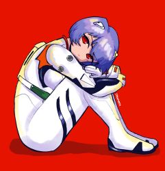 Rule 34 | 1girl, ayanami rei, blue hair, bodysuit, breasts, cdromarts, commentary, full body, hair ornament, highres, hugging own legs, interface headset, looking at viewer, medium breasts, neon genesis evangelion, plugsuit, red background, red eyes, short hair, sitting, solo, white bodysuit