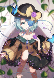 Rule 34 | 1girl, absurdres, ametama (runarunaruta5656), barefoot, bathtub, blue butterfly, bow, braid, bug, butterfly, collared shirt, expressionless, eyeball, eyelashes, feet out of frame, floral print, flower, french braid, frilled shirt collar, frilled skirt, frilled sleeves, frills, green eyes, hat, hat bow, hat ornament, hat ribbon, highres, insect, komeiji koishi, long sleeves, looking at viewer, off shoulder, one eye covered, partially submerged, petals, petals on liquid, ribbon, rose, rose petals, shirt, short hair, silver hair, skirt, solo, third eye, touhou, wavy hair, wide sleeves, yellow shirt