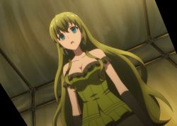 Rule 34 | 1girl, anastasia (isekai cheat magician), bare shoulders, blue eyes, breasts, cleavage, dress, earrings, empty eyes, frilled dress, frills, green dress, green hair, isekai cheat magician, jewelry, large breasts, long hair, mind control, screencap, skirt, stitched, tagme, third-party edit