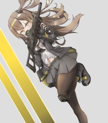 Rule 34 | 1girl, absurdres, black footwear, black pantyhose, blush, boots, breasts, brown eyes, brown hair, fingerless gloves, girls&#039; frontline, gloves, grey gloves, grey jacket, grey skirt, gun, h&amp;k ump, h&amp;k ump, hair ornament, hairclip, highres, holding, holding gun, holding weapon, jacket, knee pads, lezard18, long hair, looking at viewer, navel, open clothes, open jacket, pantyhose, scar, scar across eye, shirt, side ponytail, simple background, skirt, small breasts, solo, standing, standing on one leg, submachine gun, ump45 (girls&#039; frontline), weapon, white shirt