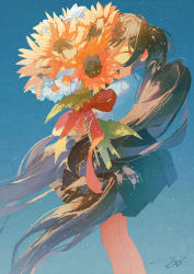 Rule 34 | 1girl, black hair, blue background, closed eyes, flower, highres, holding, holding flower, long hair, original, potg (piotegu), skirt, solo, sunflower
