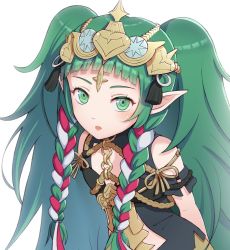 Rule 34 | 1girl, braid, cape, dragon, fire emblem, fire emblem: three houses, gem, gonzarez, green eyes, green hair, jewelry, long hair, looking at viewer, matching hair/eyes, nintendo, pointy ears, side braid, simple background, solo, sothis (fire emblem), tiara, twin braids, twintails, white background