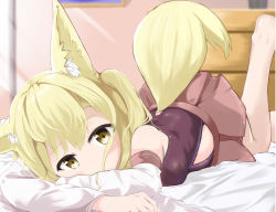 Rule 34 | absurdres, animal ears, bare legs, barefoot, blonde hair, breasts, detached sleeves, expressionless, highres, indoors, leg up, looking at viewer, lying, medium breasts, numahata tofu., on bed, on stomach, parted bangs, skirt, tail, yellow eyes