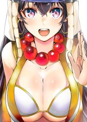 Rule 34 | 1girl, bare shoulders, bead necklace, beads, bikini, bikini top only, blush, breasts, bridal gauntlets, brown hair, cleavage, collarbone, detached sleeves, earrings, fate/grand order, fate (series), hair between eyes, hand up, hat, headdress, hoop earrings, japanese clothes, jewelry, kimono, large breasts, long hair, looking at viewer, nari (nari149528), necklace, open mouth, prayer beads, purple eyes, simple background, sleeveless, sleeveless kimono, smile, swimsuit, white background, white bikini, white kimono, xuangzang sanzang (fate)