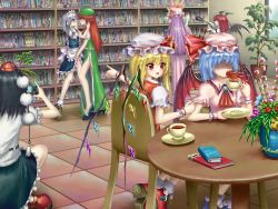 Rule 34 | 6+girls, :o, ankle socks, apron, arm up, ascot, bad id, bad pixiv id, bat wings, between legs, black hair, blonde hair, blue eyes, blue hair, blush, bobby socks, book, bookshelf, bow, braid, branch, brooch, buckle, camera, camouflage, chair, china dress, chinese clothes, clothes grab, clothes lift, couple, crescent, cup, dress, embodiment of scarlet devil, fang, female focus, fern, fire, fire extinguisher, flandre scarlet, flower, flying sweatdrops, geta, grass, green eyes, hair ribbon, hand between legs, hand on another&#039;s face, hat, hat bow, hat ribbon, head wings, high heels, highres, hong meiling, izayoi sakuya, jewelry, jihadangel, koakuma, long hair, looking at another, maid, maid apron, maid headdress, mary janes, multiple girls, necktie, no eyes, patchouli knowledge, pointing, purple hair, red eyes, red hair, remilia scarlet, ribbon, rose, saucer, shaded face, shameimaru aya, shirt tug, shoes, short hair, short sleeves, side ponytail, side slit, silver hair, sitting, skirt, skirt lift, sleeve grab, socks, spit take, spitting, squatting, star (symbol), table, teacup, tile floor, tiles, tokin hat, touhou, tree, vase, very long hair, waist apron, window, wings, wrist cuffs, yuri